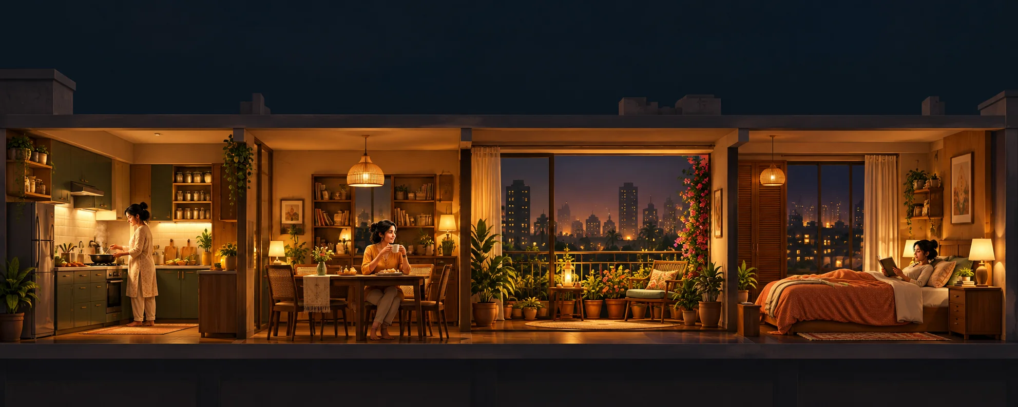 Illustrated Indian apartment: cooking, chai, a balcony and a quiet bedroom